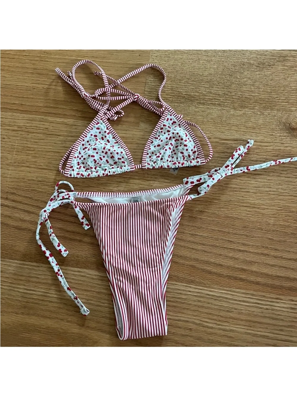 Frankie's Bikinis Red & White Stripe Cherry-Print Tie Bikini